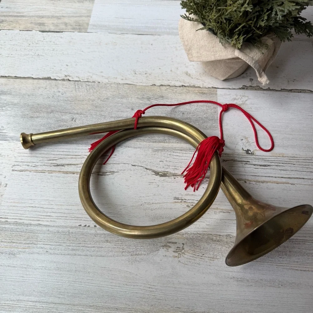 Vintage Brass French Horn Wall Decor Tassel Cording Christmas Holiday Decor